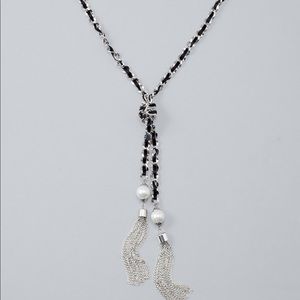 Black woven ribbon in chain long pearl necklace